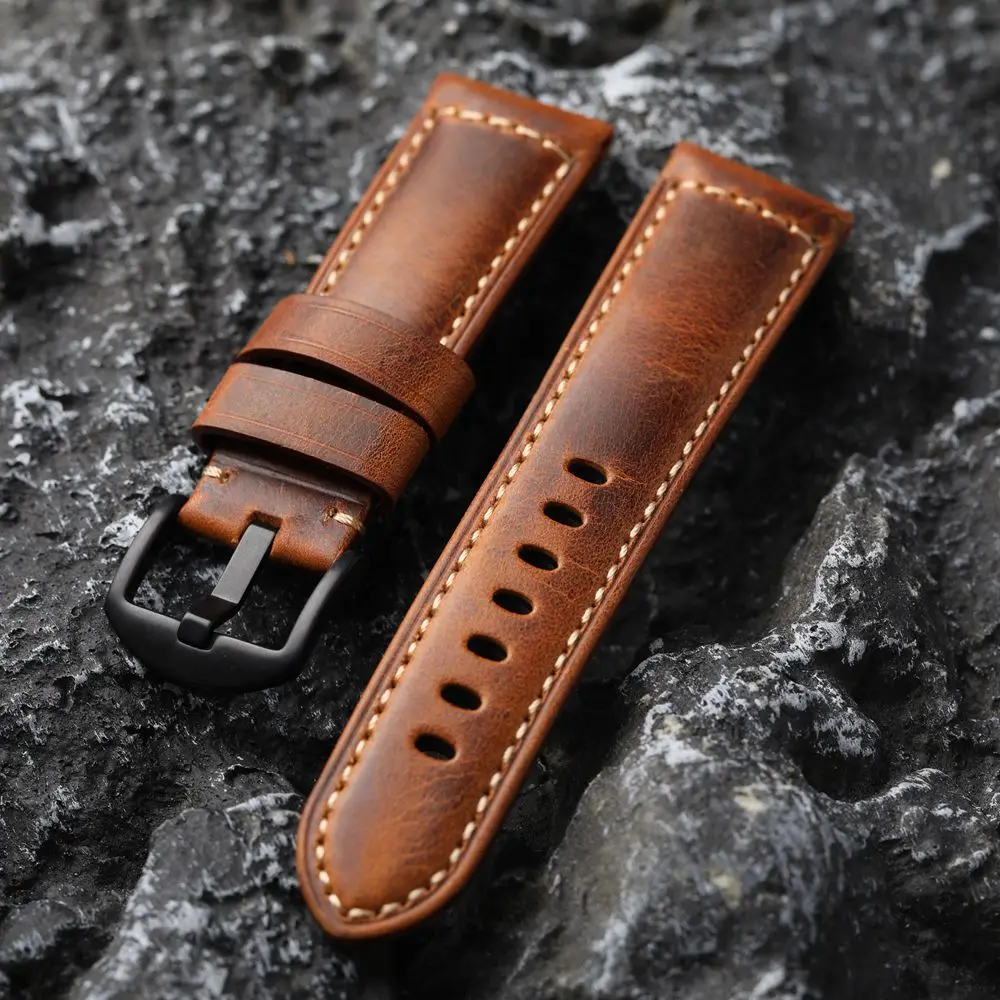 Handmade Head Layer Cowhide Leather Strap Tan Vintage Men Watch Bracelet 20 22 24MM Soft Thickened Bronze Buckle Bracelet