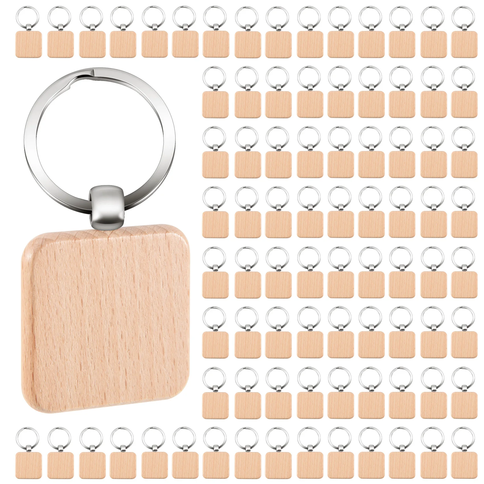 

100Pcs DIY Blank Wooden Key Chain Square Carved Key Ring Wooden Key Ring About 40 X 40 Mm