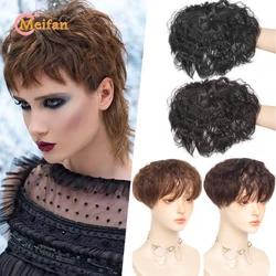 MEIFAN Synthetic Short Wavy Curly Topper Hairpiece with Bang Closures Hair Clip on Hair Extension Increase Hair Volume for Women