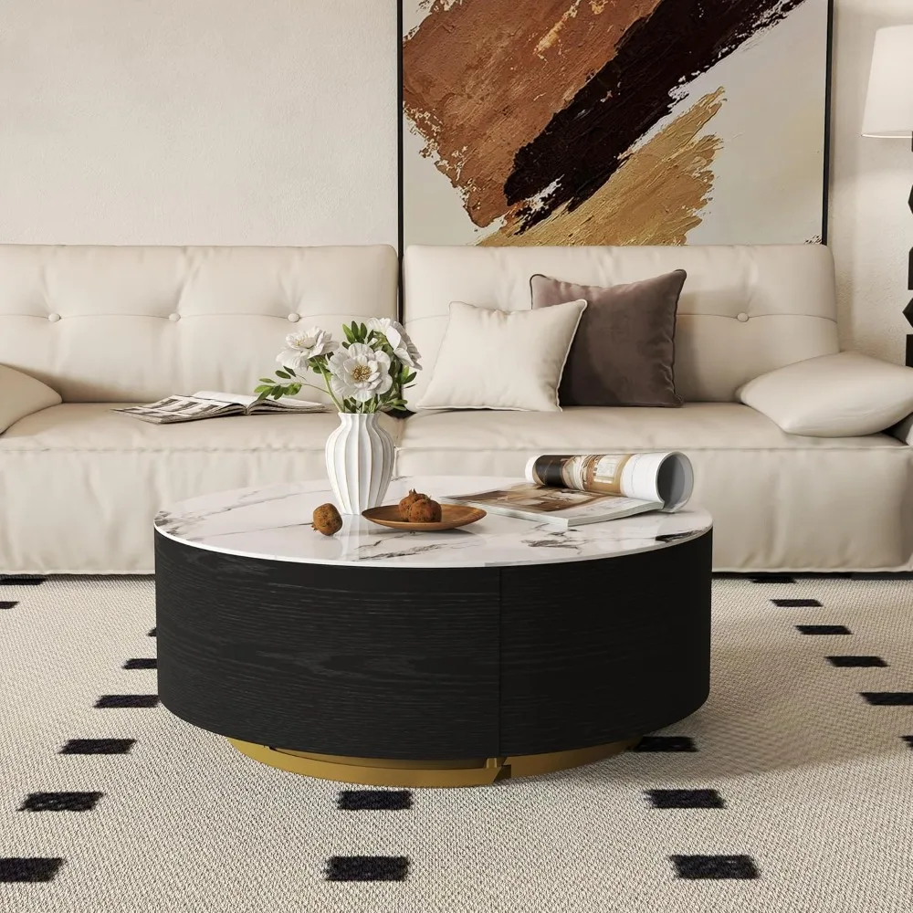 Round Center Table for Living Room - Sintered Stone Round Coffee Tables with 2 Storage Drawers, Table Luxury Circle Coffee Table