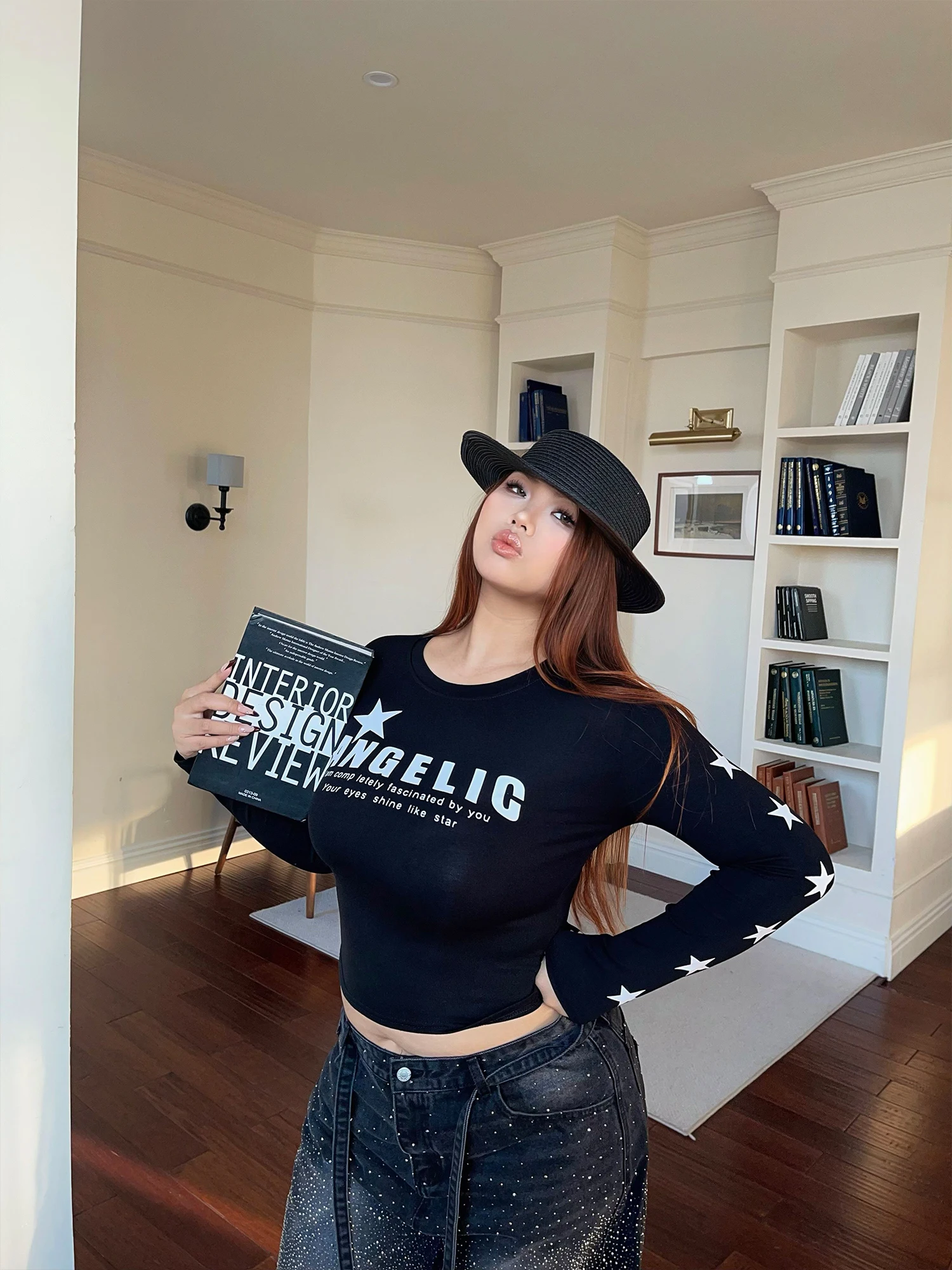 

Slim Fit round Neck T-Shirt Women's Spring Summer Large Size Elastic Letter Print Base Shirt Comfortable Breathable Cotton Blend