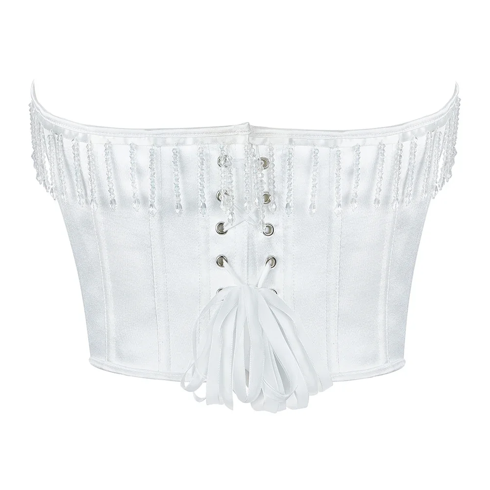 Tassel Beading Corset Strapless Crop Top Women Spring Sexy White Sleeveless Backless Bustier Ladies Fashion Club Partywear