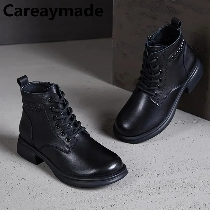 

Careaymade-Wider toe Women Boots Autumn Winter Warm Plush Shoes British Style Genuine Cow Leather Soft Comfort Trend Ankle Boots