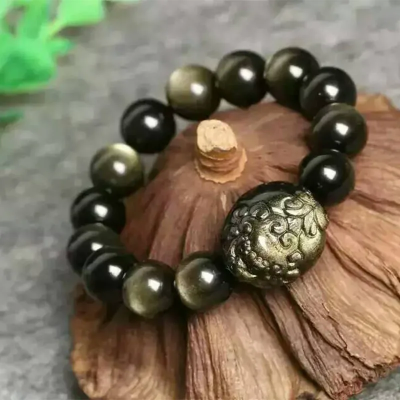 

Gold Ball Pixiu Men And Women Round Bead Bracelet Leather Obsidian