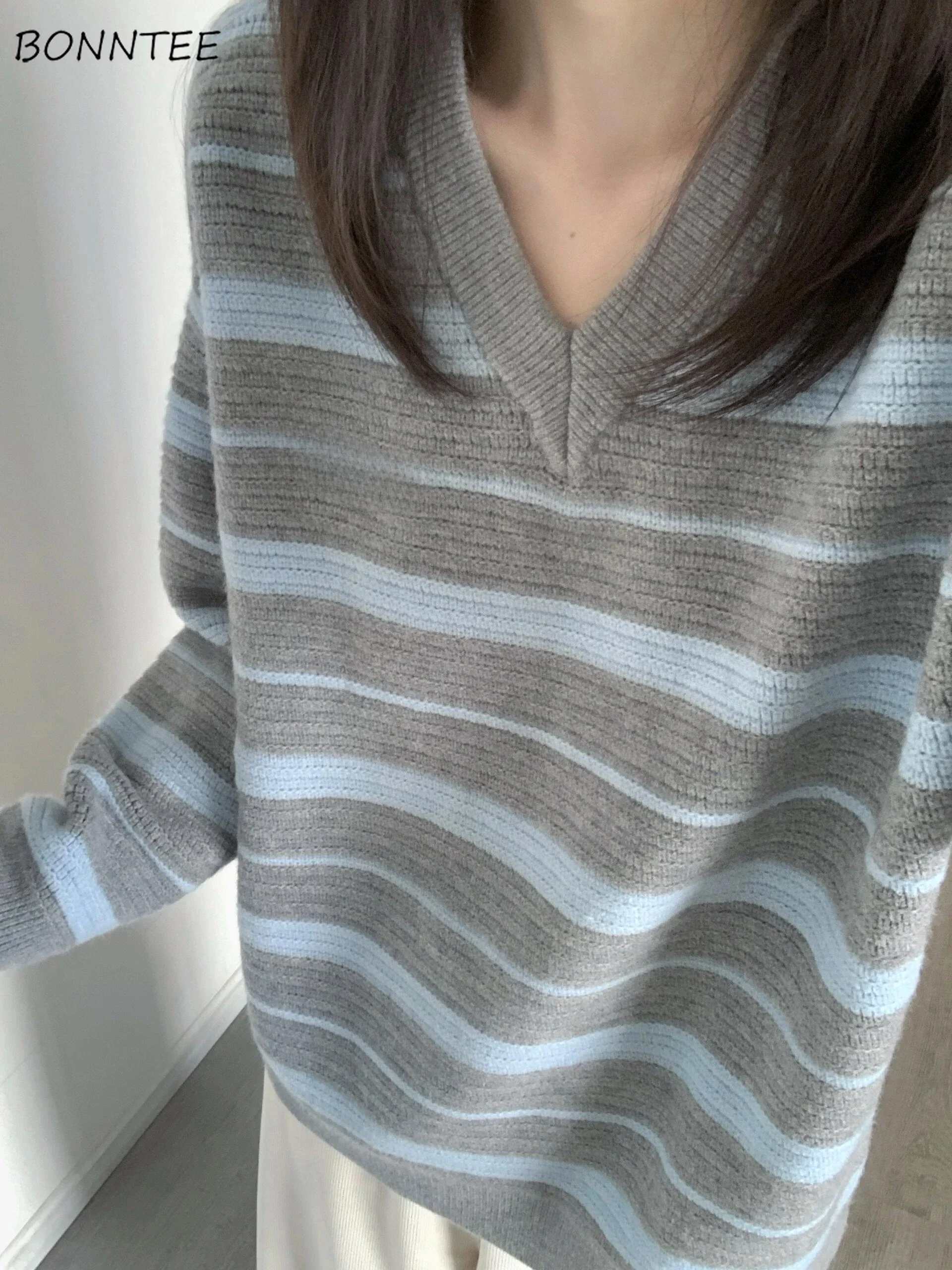

Striped Pullovers Women Loose Casual Korean Style All-match Tender Autumn Winter Vintage Slouchy Daily Ulzzang Fashion Concise