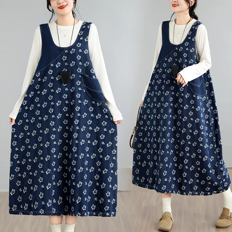 Original Design Loose Fit plus Size Denim Skirt with Bouffant Hem And Color Block Washed Cotton Women's Knee-Length Overalls