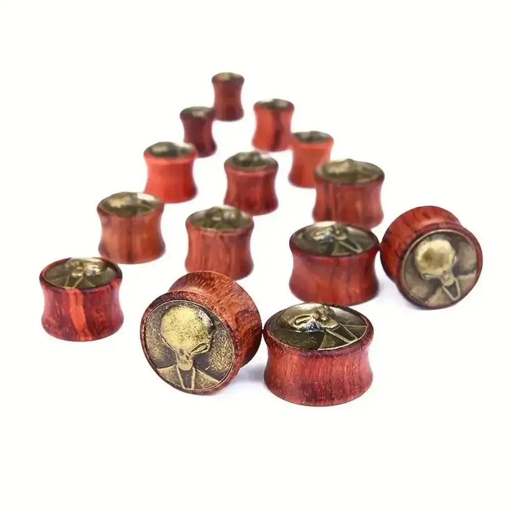2pcs Vintage Wooden Alien Head Body Piercing Plugs, Unisex Ear Gauges with Non-Magnetic, No Plating, Durable Wood Material Y2K