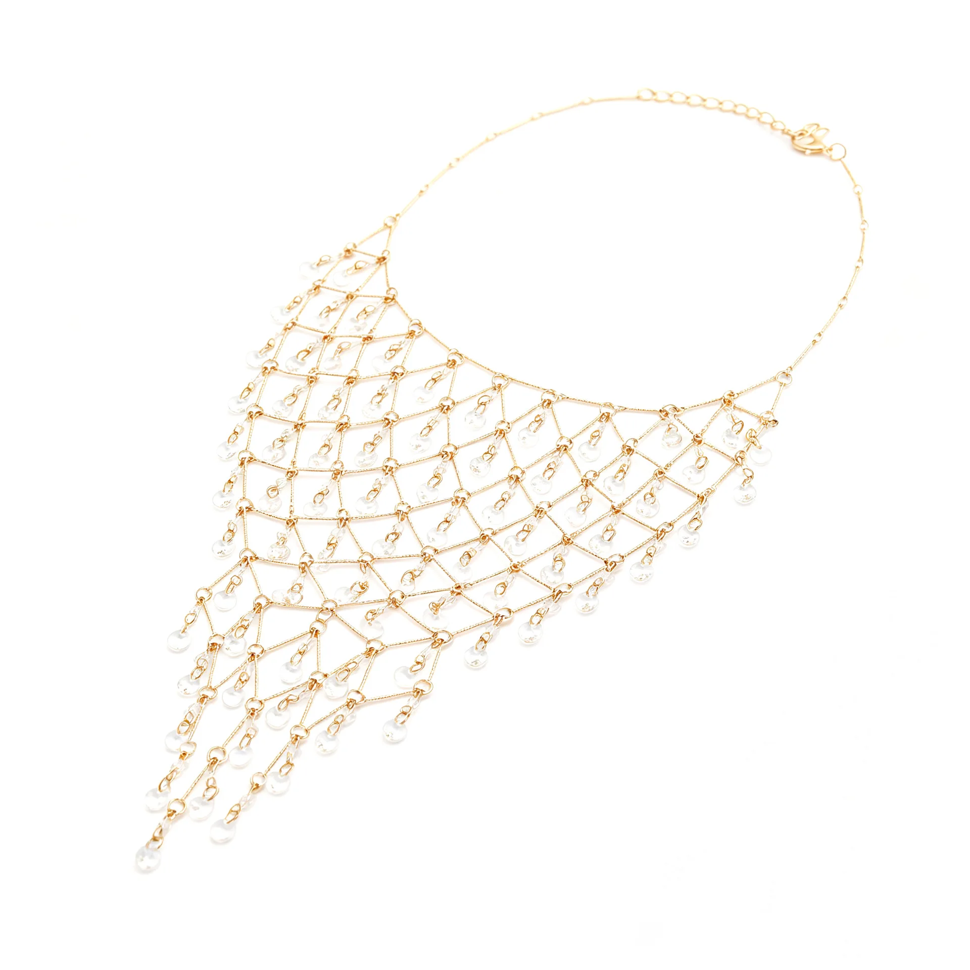 Luxuriöse Gold-Netz-Halskette mit klaren Kristallen und Quasten für Damen, Statement-Halskette, Hochzeits- und Abendparty-Accessoires – Detail 4