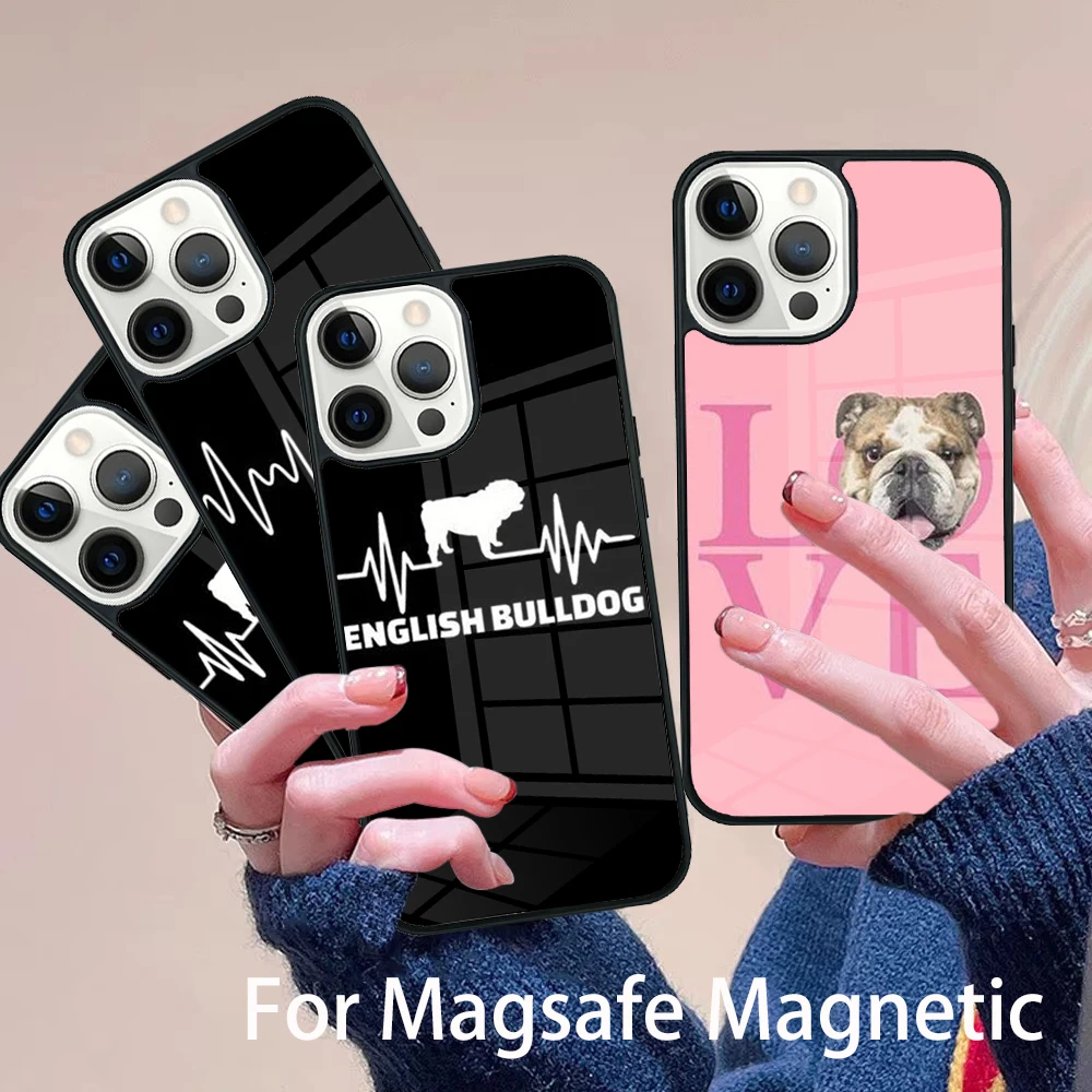 

English Bulldog Heartbeat Phone Case Magesafe Magnetic Wireless Charge Cover For IPhone 16 11 12 13 14 15 Pro Max Plus Mini