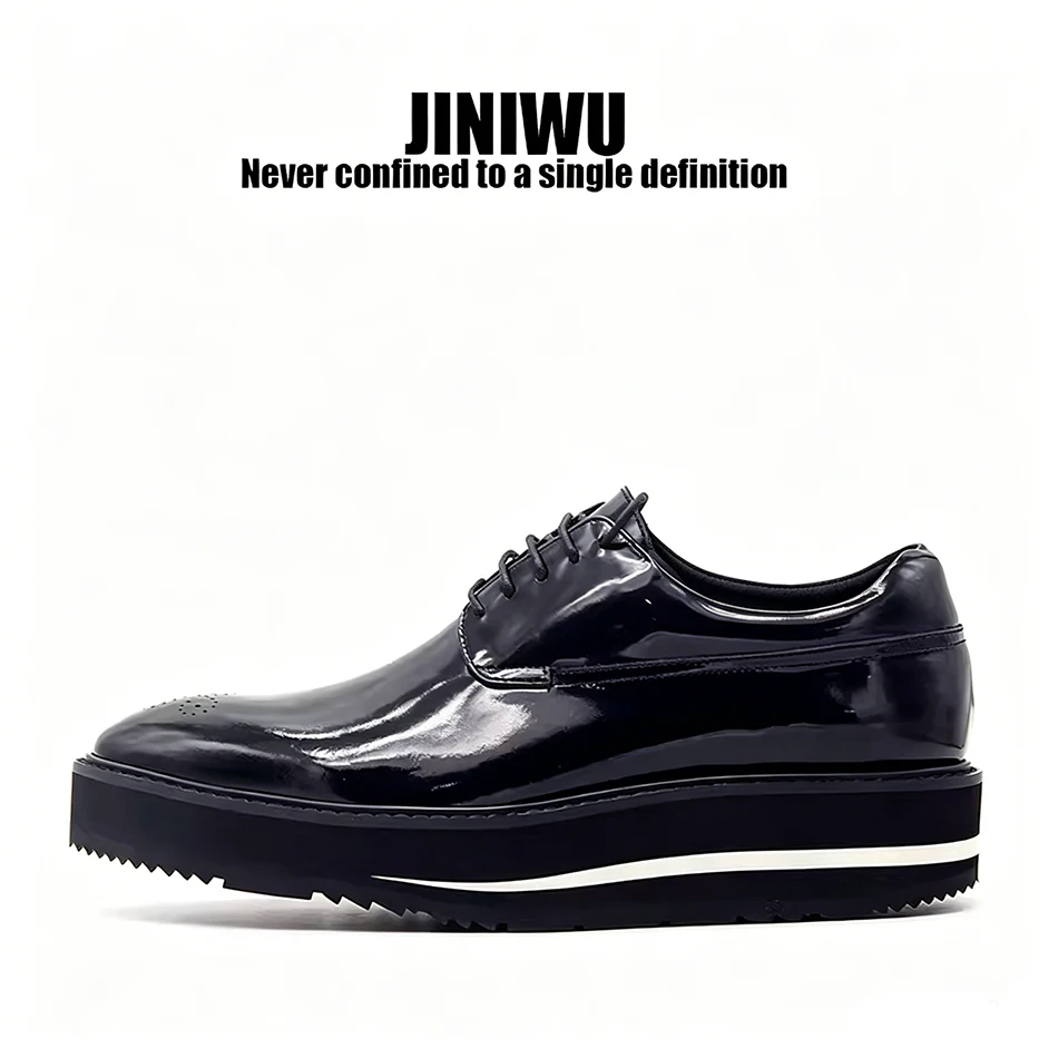 JINIWU2026 Men's Derby Shoes with Heightening Feature Leather Material Glossy Black Trendy Slip-On Thick Bottom Loafers