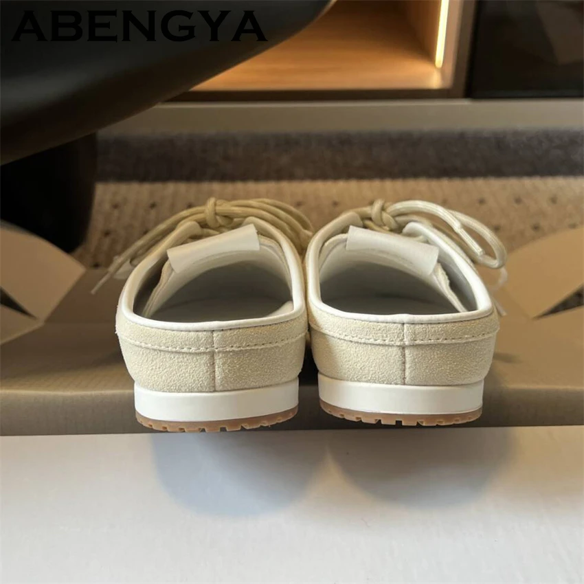 2026 Summer Flat Sole Half Slippers Women Round Toe Suede Leather Lace Up Casual Sneakers Comfort Walking Loafers Shoes Female