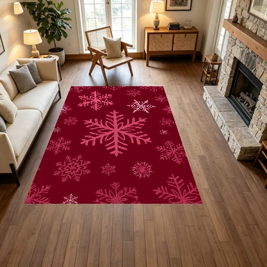 Burgundy Red Hand‑Drawn Snowflake Christmas Carpet Flooring, Winter Holiday Non‑Slip Floor Rug for Living Room Bedroom Home Decoration