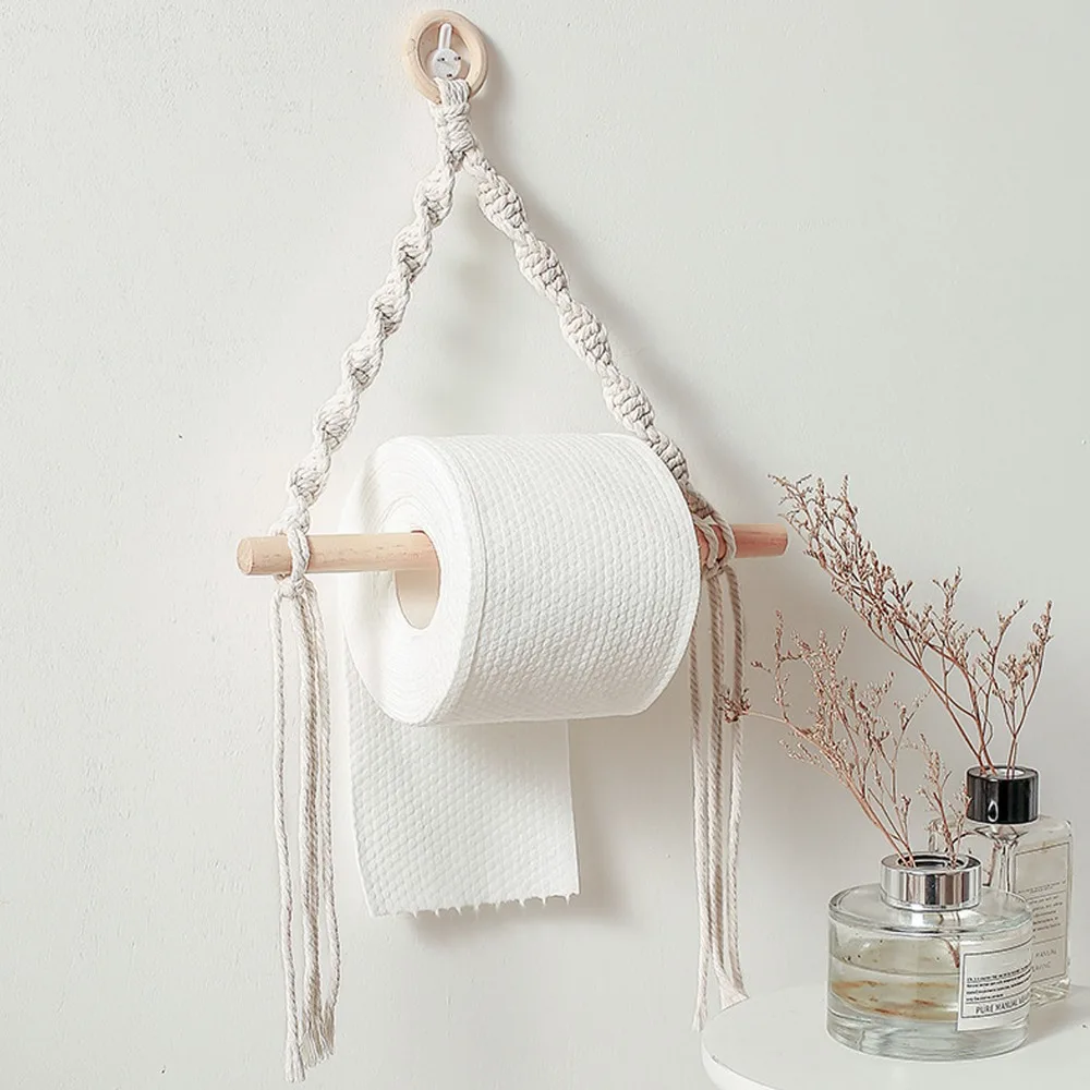2pcs Portable Wall Mounted Paper Towel Holder Cotton Rope Anti Static Boho Toilet Roll Holder Towel Rack For Bathroom