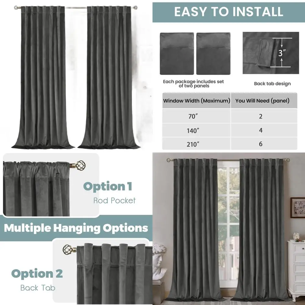 96 cortinas de terciopelo gris con aislamiento térmico para sala de estar, cortinas opacas con pestaña trasera y bolsillo para barra, juego de 2 paneles, 52x96