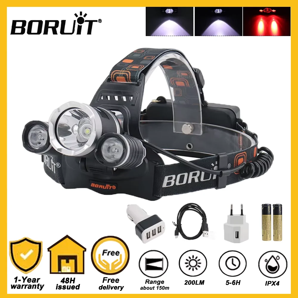 BORUiT High Powerful LED Headlamp 18650 Battery USB Rechargeable Headlight Waterproof Fishing Head Torch Camping Hunting Lantern