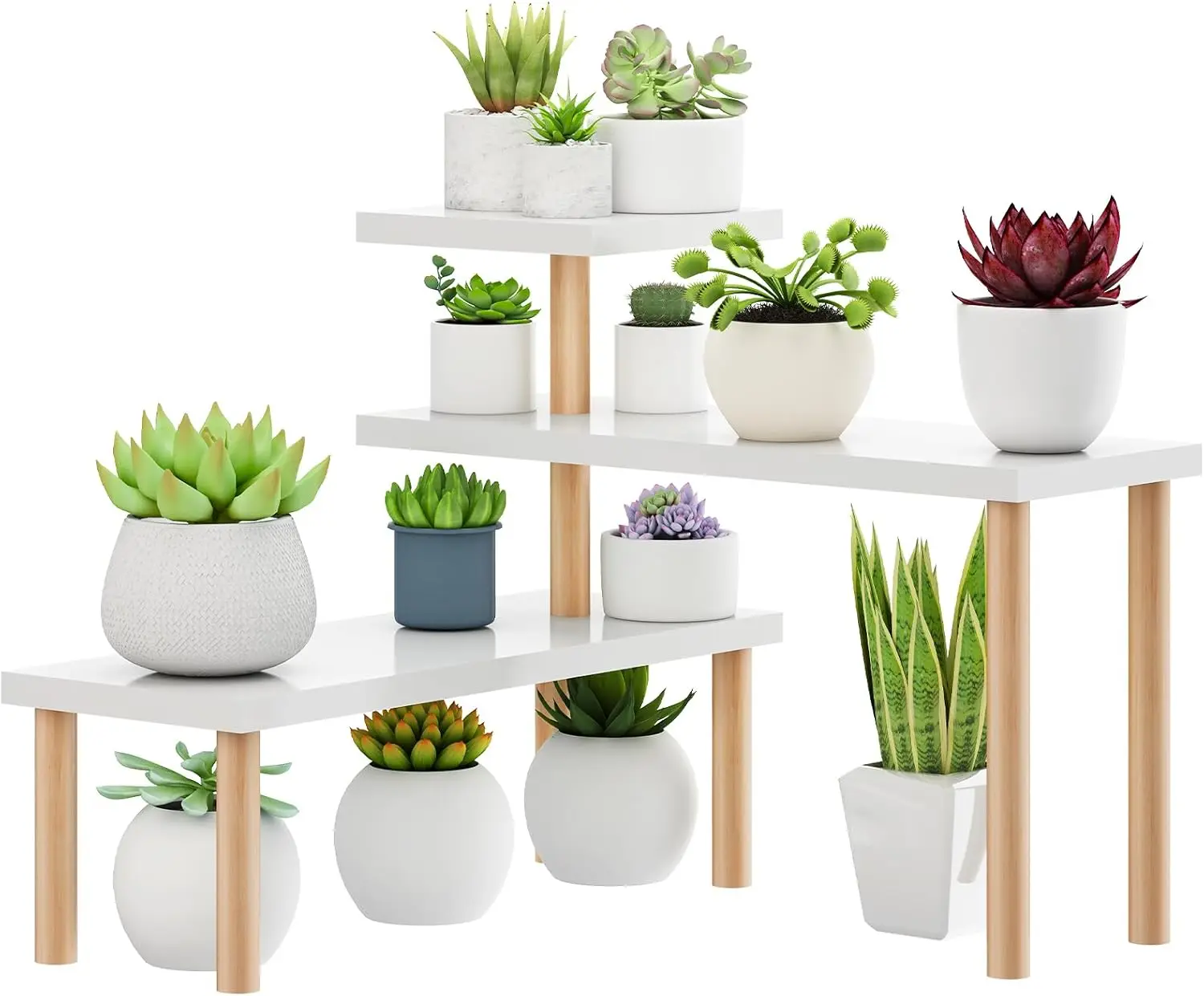

3-Tier Wood Plant Stand, 25.6" Long Desktop Shelf, Angle Adjustable, White