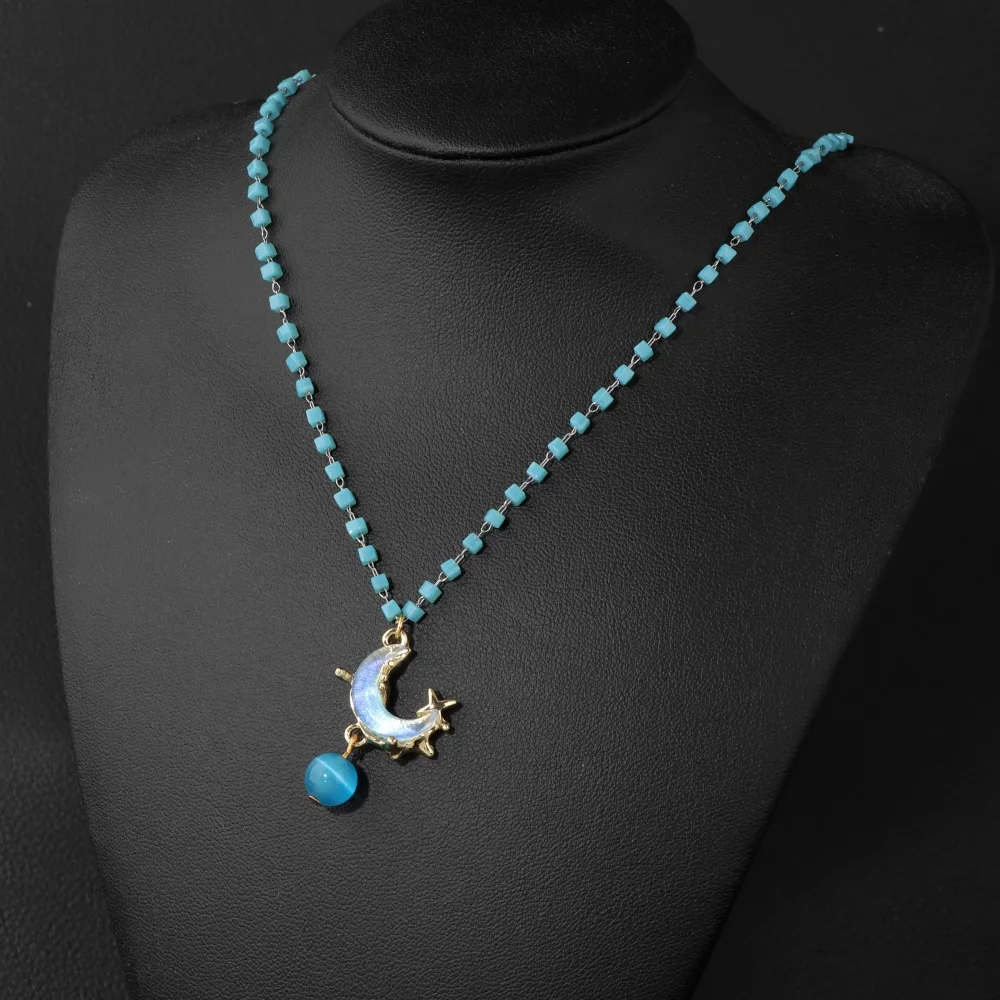 Crescent Moon Necklace for Women Blue White Mini Square Beads Long Chains Butterfly Moon Charm Clavicle Chain Amulet Jewelry