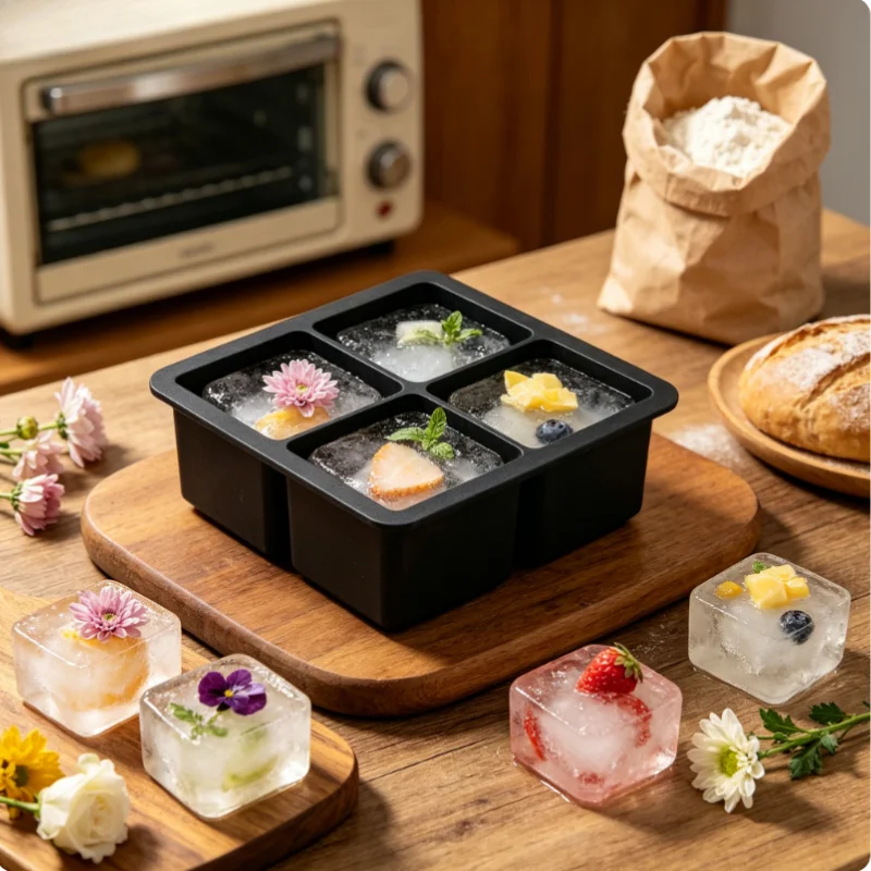 1 Stück wiederverwendbare quadratische Silikon-Eiswürfelform mit 4 Fächern, langsam schmelzend, klassisches Whiskey-Eis, leicht zu entnehmen, unverzichtbares Eiswerkzeug für Getränke zu Hause