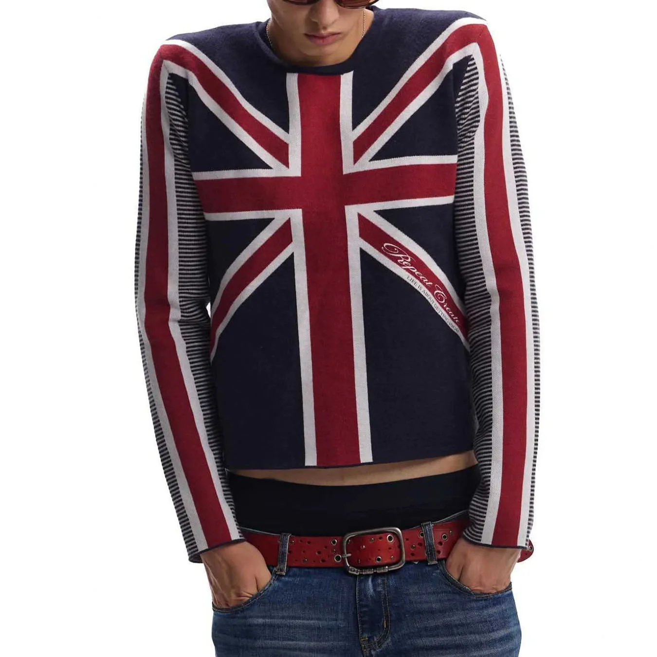 Autumn and winter vintage round neck striped punk spliced long sleeved T-shirt Y2K meter print top