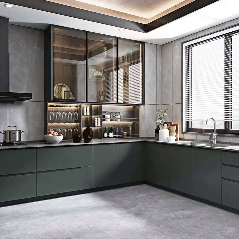 

OPPEIN Modern Design Hpl Glossy Black Handles Luxury Affordable Modern Kitchen Cabinets