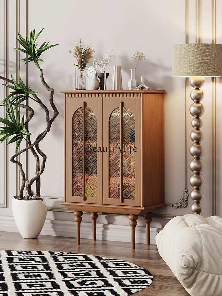 French Vintage Style Sideboard Cabinet Solid Wood Glass Induction Lamp Display Wine Cabinet