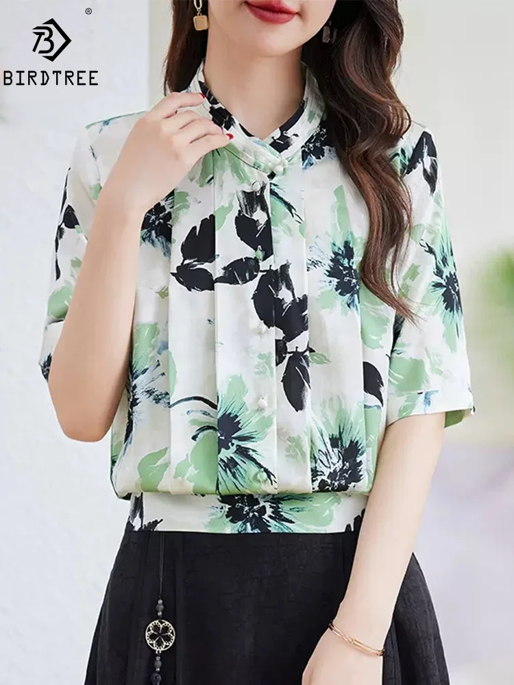 

BirdTree, 100%Real Silk Elegant Short Sleeve Shirt, Women Stand Neck Floral, Office Lady Fashion Blouse, 2024 Summer T46120QM