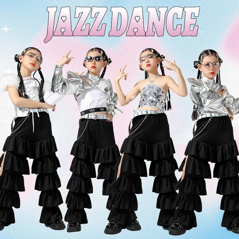 2024 Hip Hop Dance Costumes For Kids Sliver Crop Tops Loose Black Pants Streetwear Girls Jazz Performance Stage Wear DQS15250