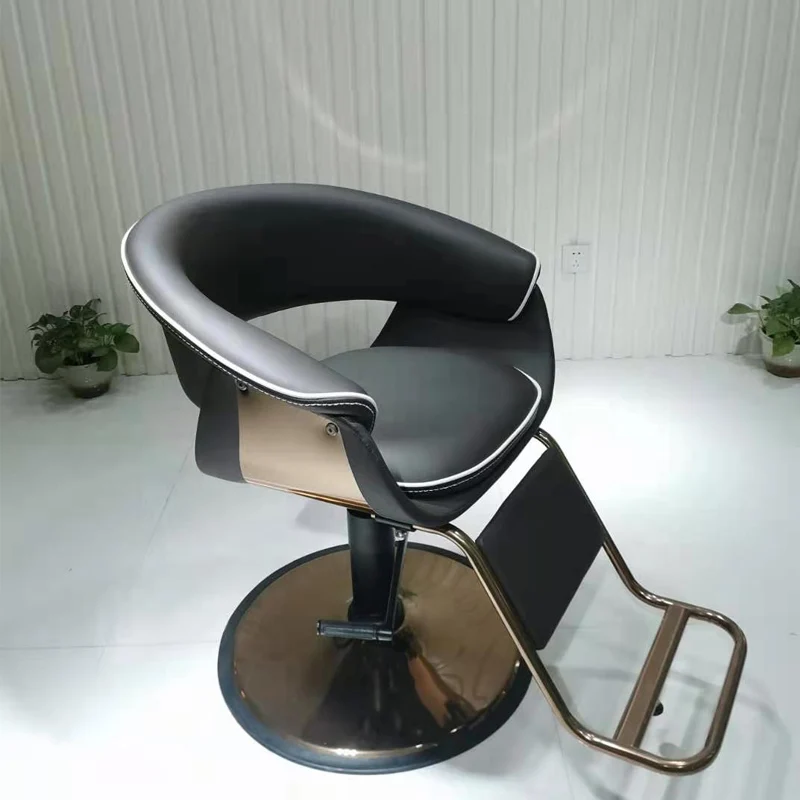 Modern Round Armrest Barber Chair, Black PU Leather with White Piping, Hydraulic Swivel Salon Hair Styling Chair with Footrest