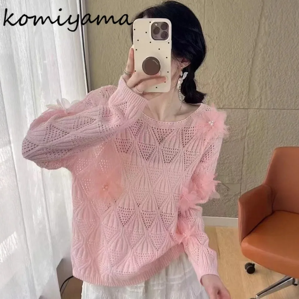 

Three-Dimensional Flower Ropa Mujer Sweet Knitted Roupas 2025 New Trendy Woman Clothes Loose Clothing Round Neck Sueter