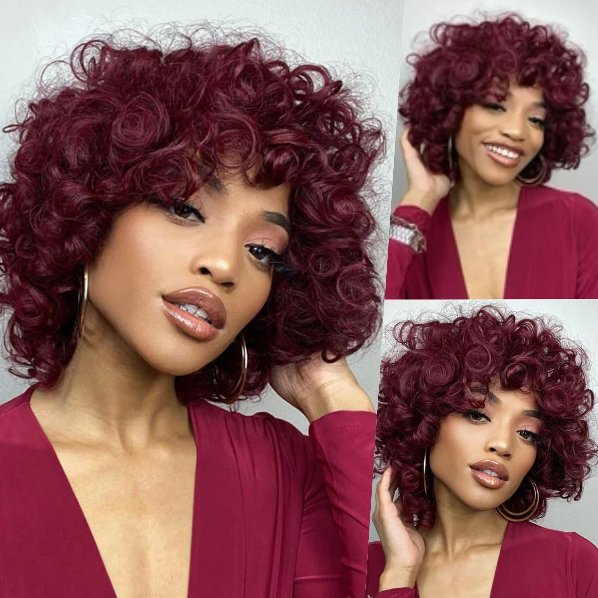 Wigera Sintetis Tembaga Merah Longgar Keriting Hitam Wanita Afro Aneh Wig Keriting dengan Poni Rambut Tahan Panas Berbulu Elastis Wig Bob