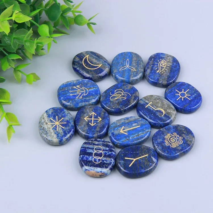 13pcs/set Witch Rune Natural Lapis Amethyst Carved  Stone Symbol for Meditation Divination Stones Set Reiki Symbol