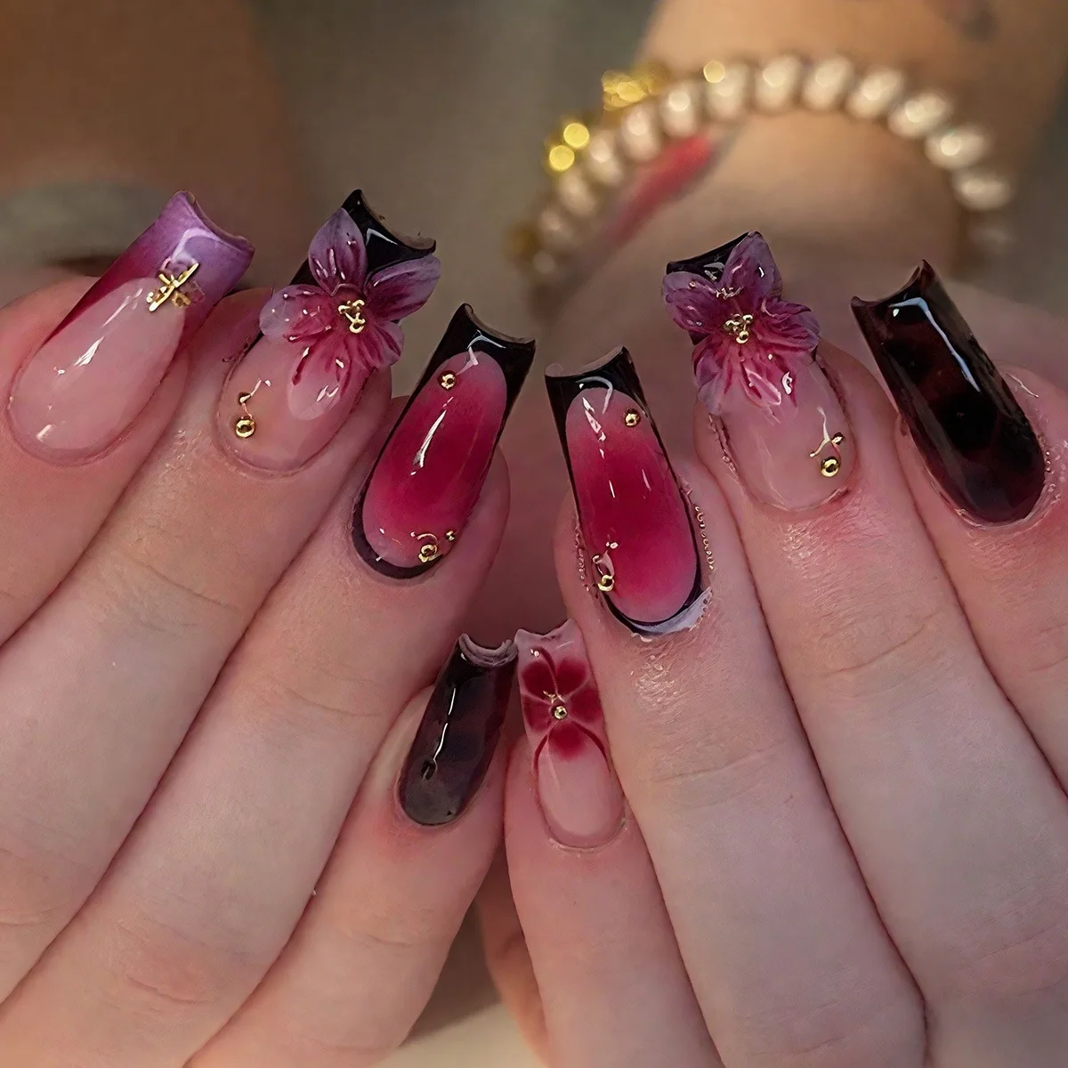 3D fake nails gradient pink green flowers fruit Butterfly pearls rhinestones Medium almond ballet tips press on nails art set