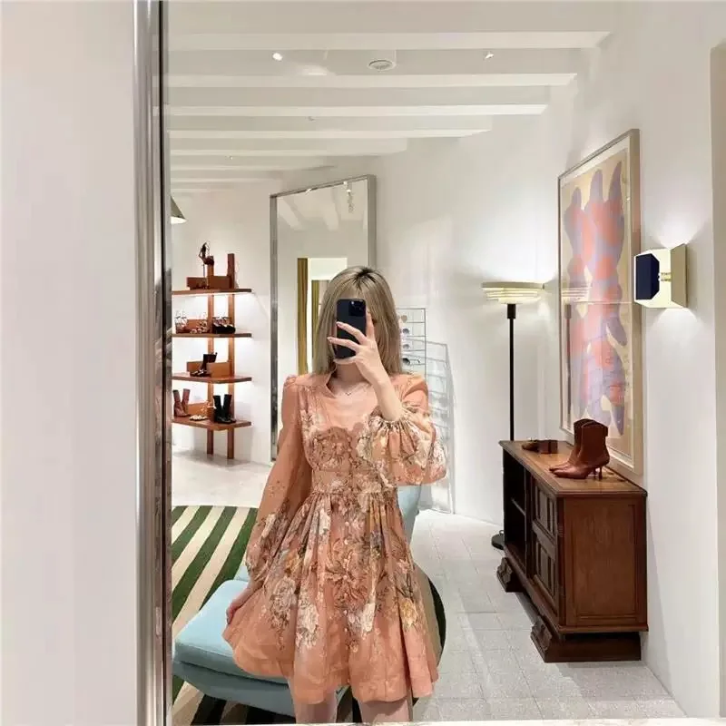   V-ne Lantern Sve طباعة الأزهار Dr عالية الخصر ألف خط الكورية Sle المرأة الدكتور للتنقل واليومية...