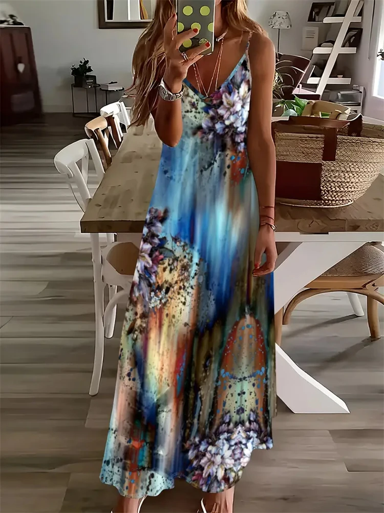Women\'s New Hawaiian Beach Dress Summer Fashion Sexy Sleeveless Long Halter Dress 3D Vintage Butterfly Print Street Photo Dress