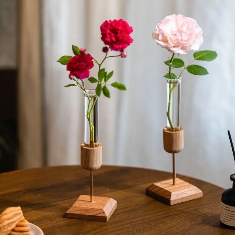 1Pcs Creative Home Desktop Ornaments Wooden Vase Test Tube Transparent Glass Hydroponic Plant Flower Arranger
