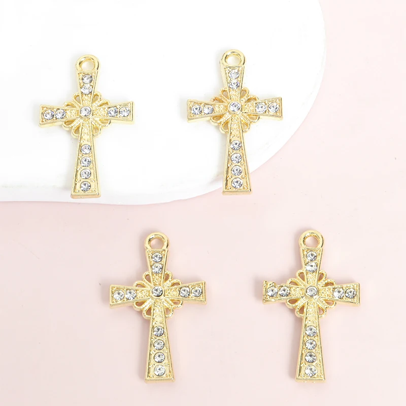 10pcs European and American Street Style Cross Charms with Shiny Rhinestones Inlay for DIY Religious Necklace Earrings Keychain