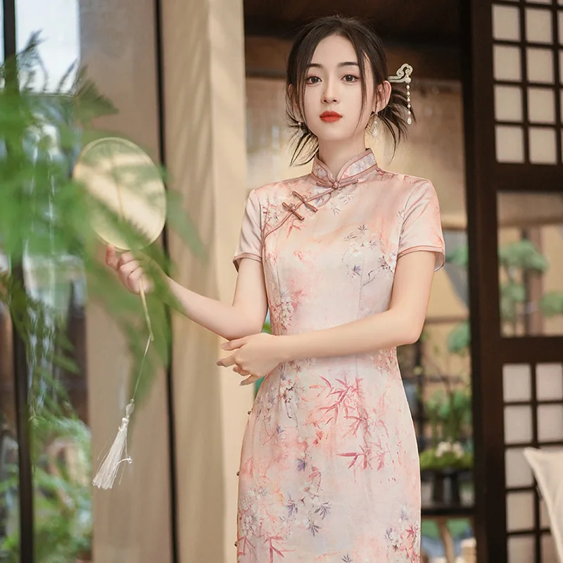 ヴィンテージサテン花柄チャイナドレス伝統的な中国服プラスサイズ