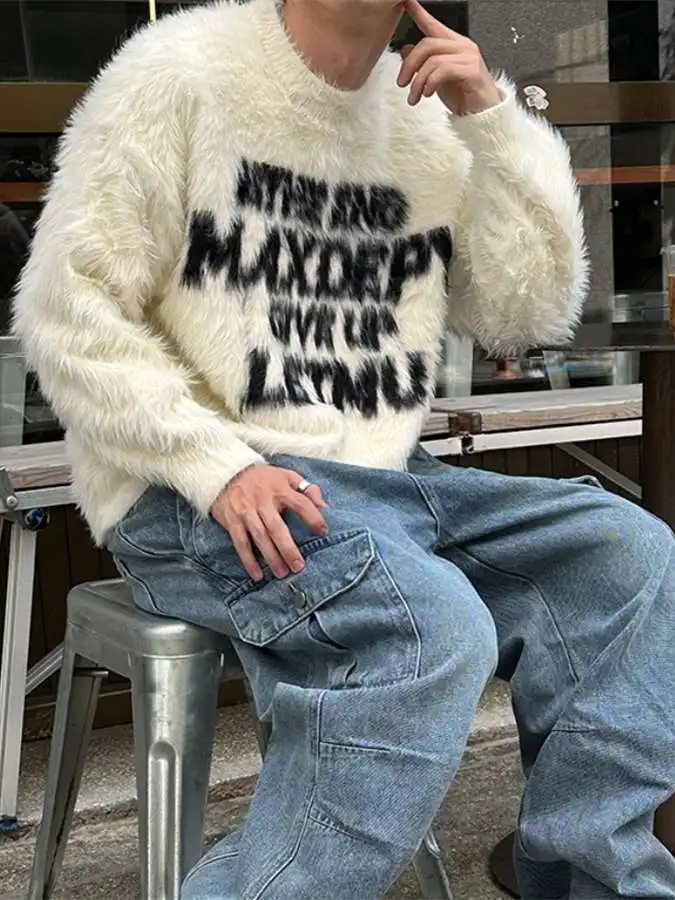 Cleanfit アメリカンスタイル ニットセーター レターパターン オールマッチ ソフトフェイクファー 秋冬 男性 女性 カジュアル 快適 通気性