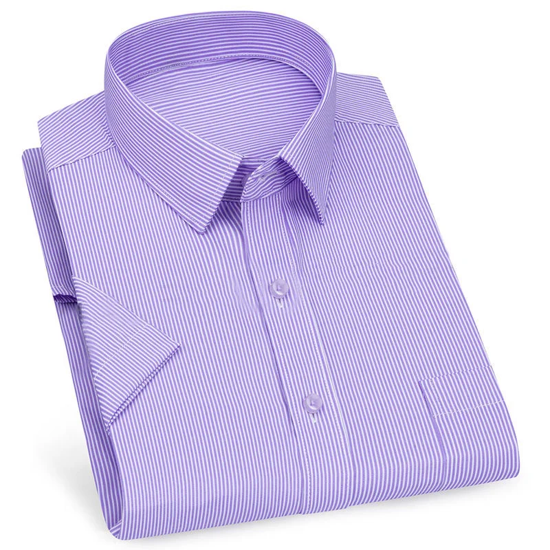 Men's Business Casual Short Sleeved Shirt Classic Striped Plaid Checked Male Social Dress Shirts Purple Blue 6XL Plus Large Size
