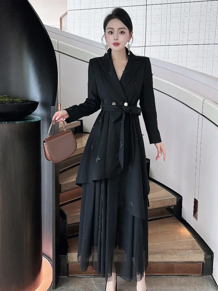 High street style personalized design white-collar dress for women 2024 winter style temperament commuting irregular long skirt