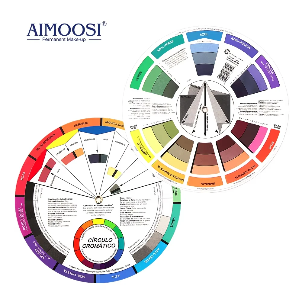 Spanish/English Chromatic Circle 12 Color Paper Card Wheel Three Tier Design Rotating Mini Chromatic Circle for Permanent Makeup
