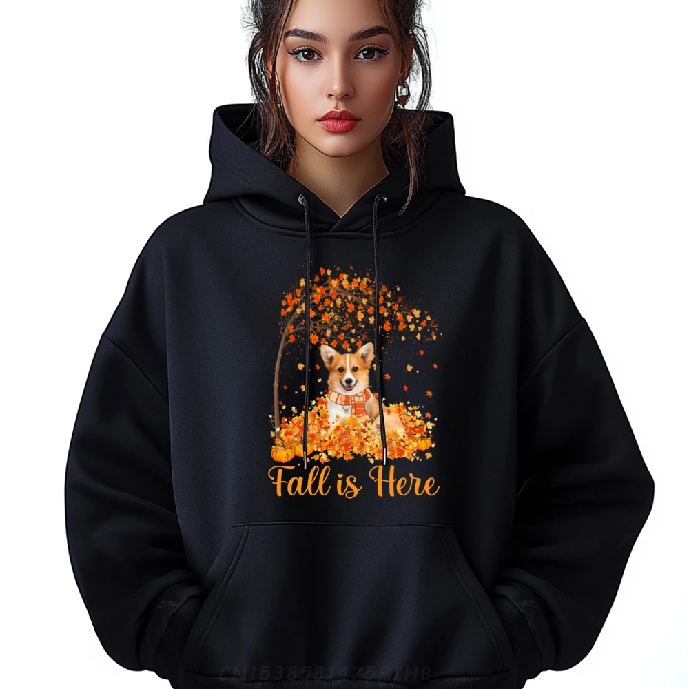 

Fall Is Here Corgi Jumping On Autumn Leaf Pumpkin Dog Lovers Brand Clothing Printed Hoodie Graphic