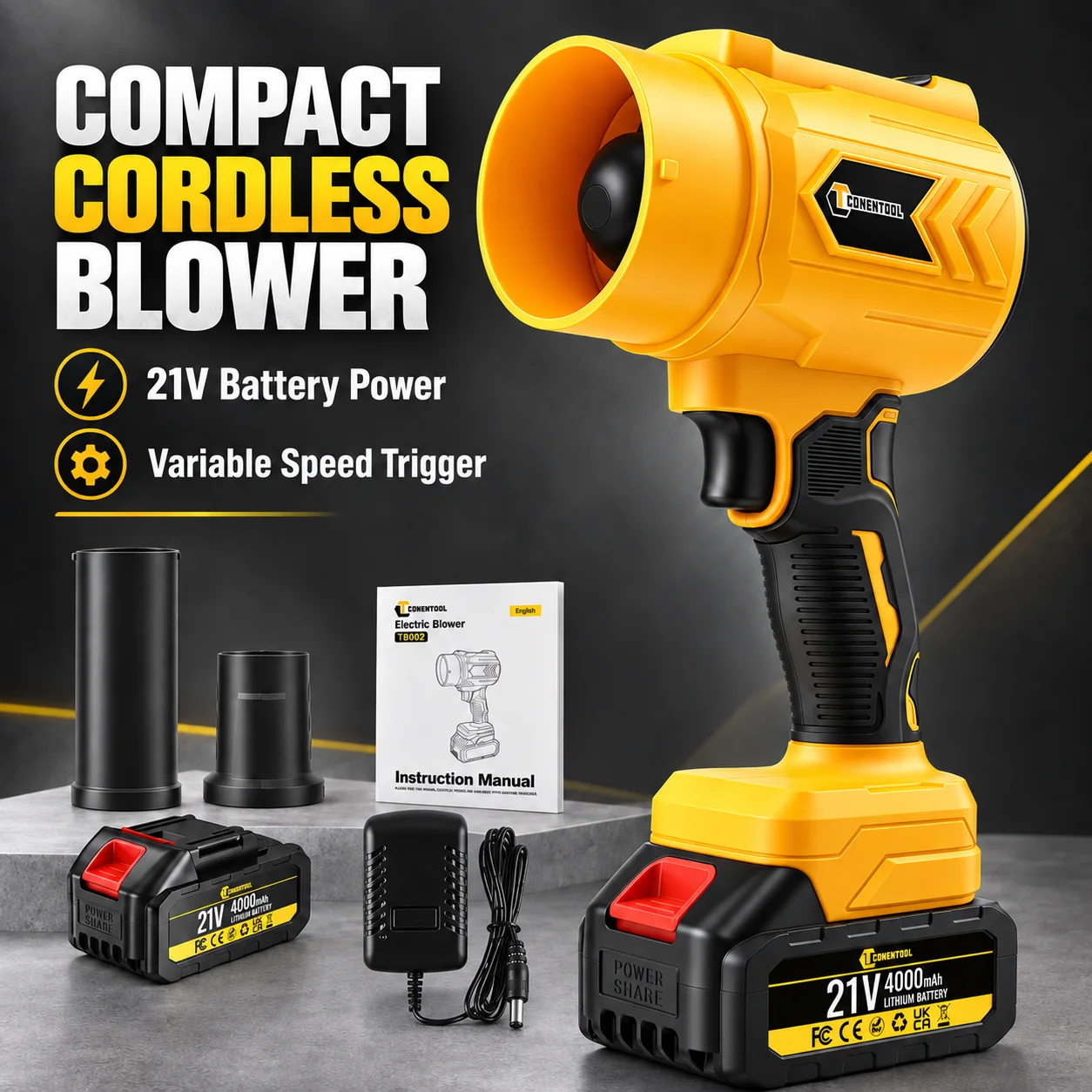 CONENTOOL Soffiatore a batteria 21V, 300.000 giri/min, 3.000W, 2 batterie al litio da 4000mAh, grilletto a velocità variabile continua, tubi di prolunga rimovibili, design compatto e portatile con