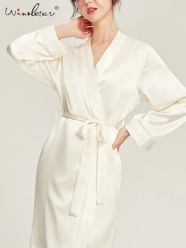 Winsleter,19MM 100%Real Silk Simple Night-robe,Elegant Sexy Pajamas Robe,Women Long Sleeve,2024 Summer Autumn P469124QM