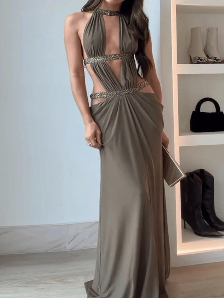 

Сверкающее лоскутное вечернее платье без рукавов, сексуальное женское платье с подвеской на шее, тонкое длинное платье, модное плиссированное пляжное платье с открытой спиной