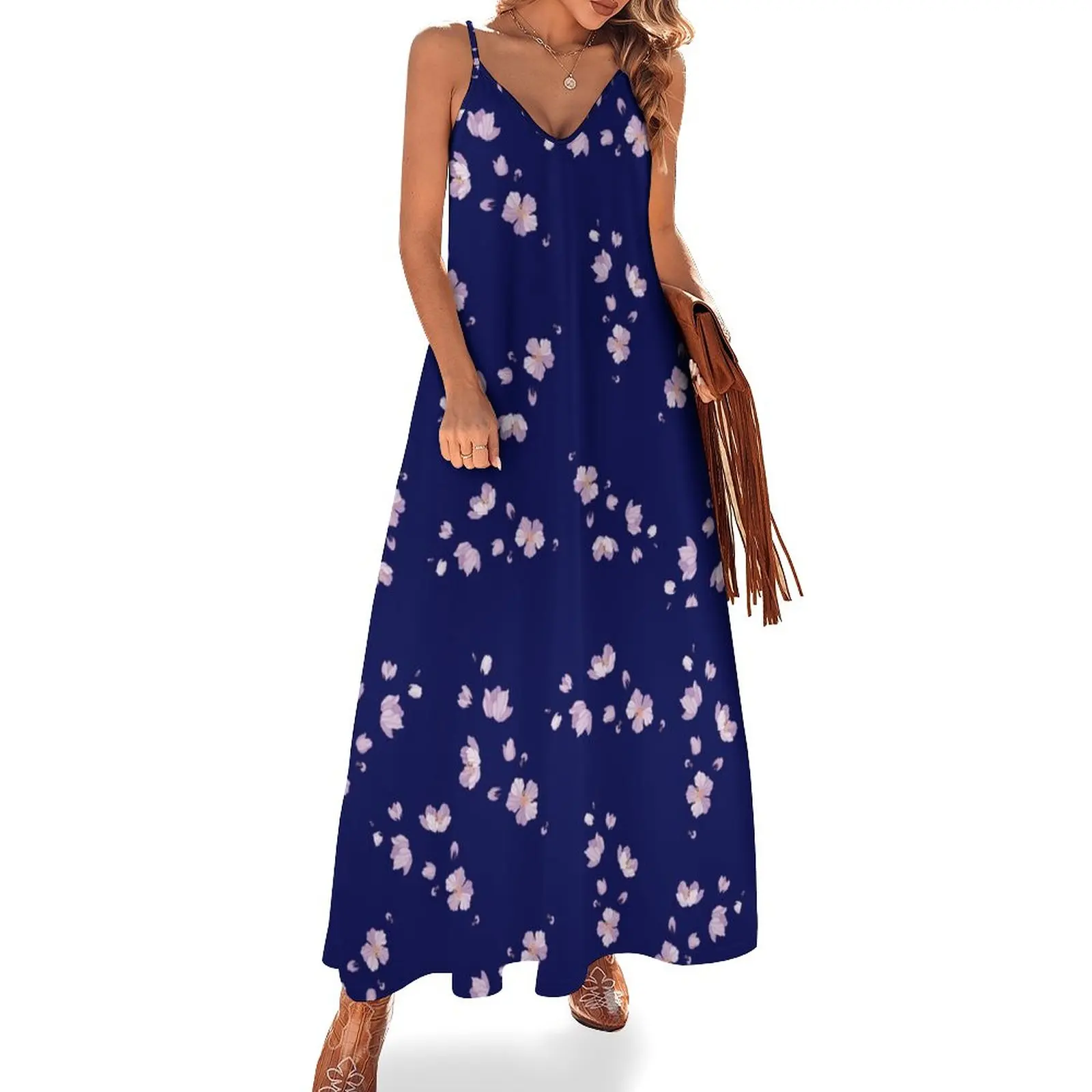 

Small Dainty Purple Flowers on Navy Blue Background Sleeveless Dress dresses women summer 2023 summer dress woman 2023