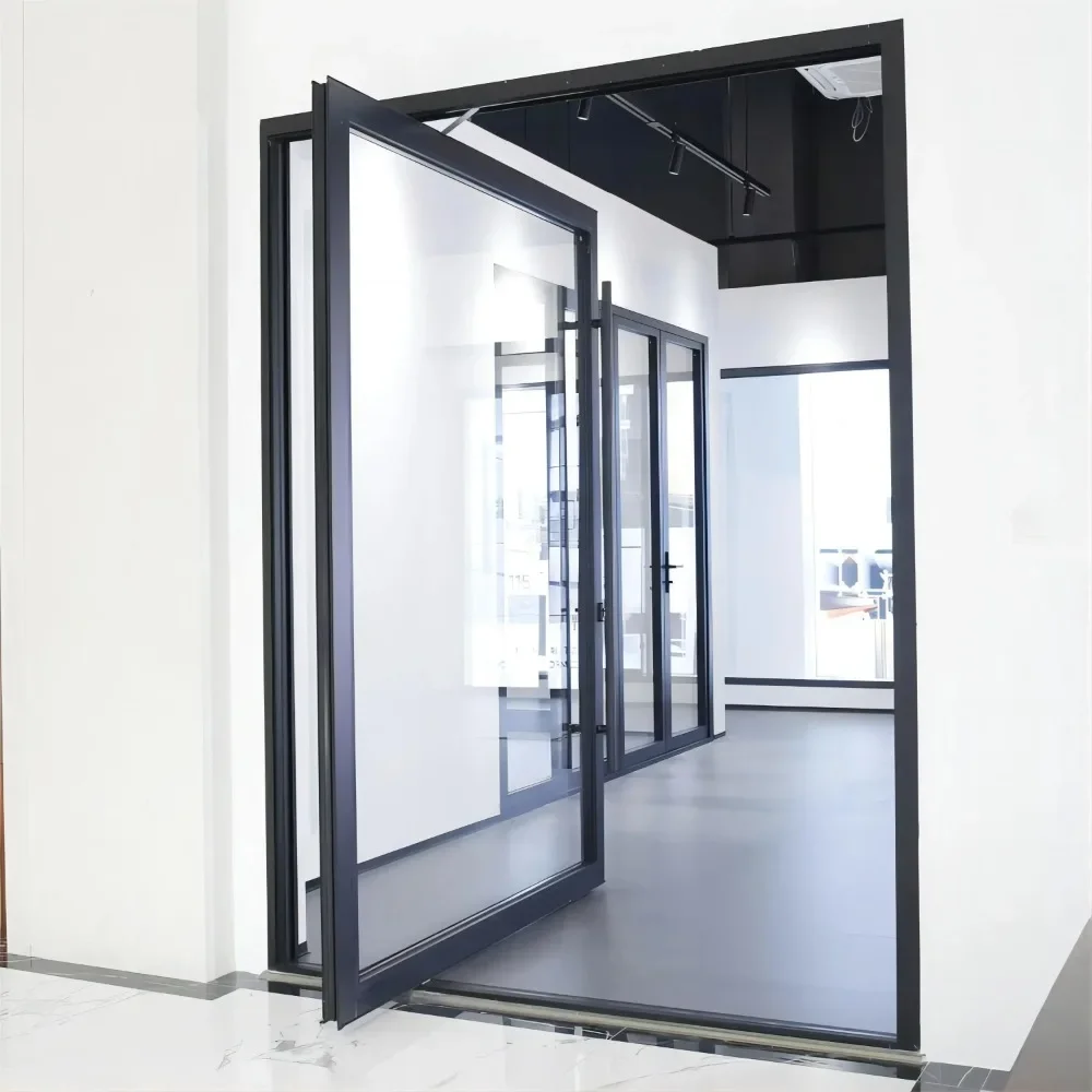 Glass Door Aluminum Profile Building Material Custom Made Entry Door Glass Iron Metal Frame Security Steel Pivot Door