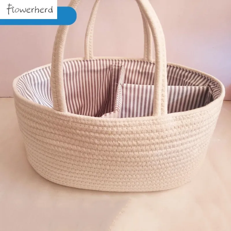 Large Baby Diaper Caddy Organizer Basket Cotton Rope Handmade Diaper Storage Basket Portable for Girls Nursery Diaper Organizer