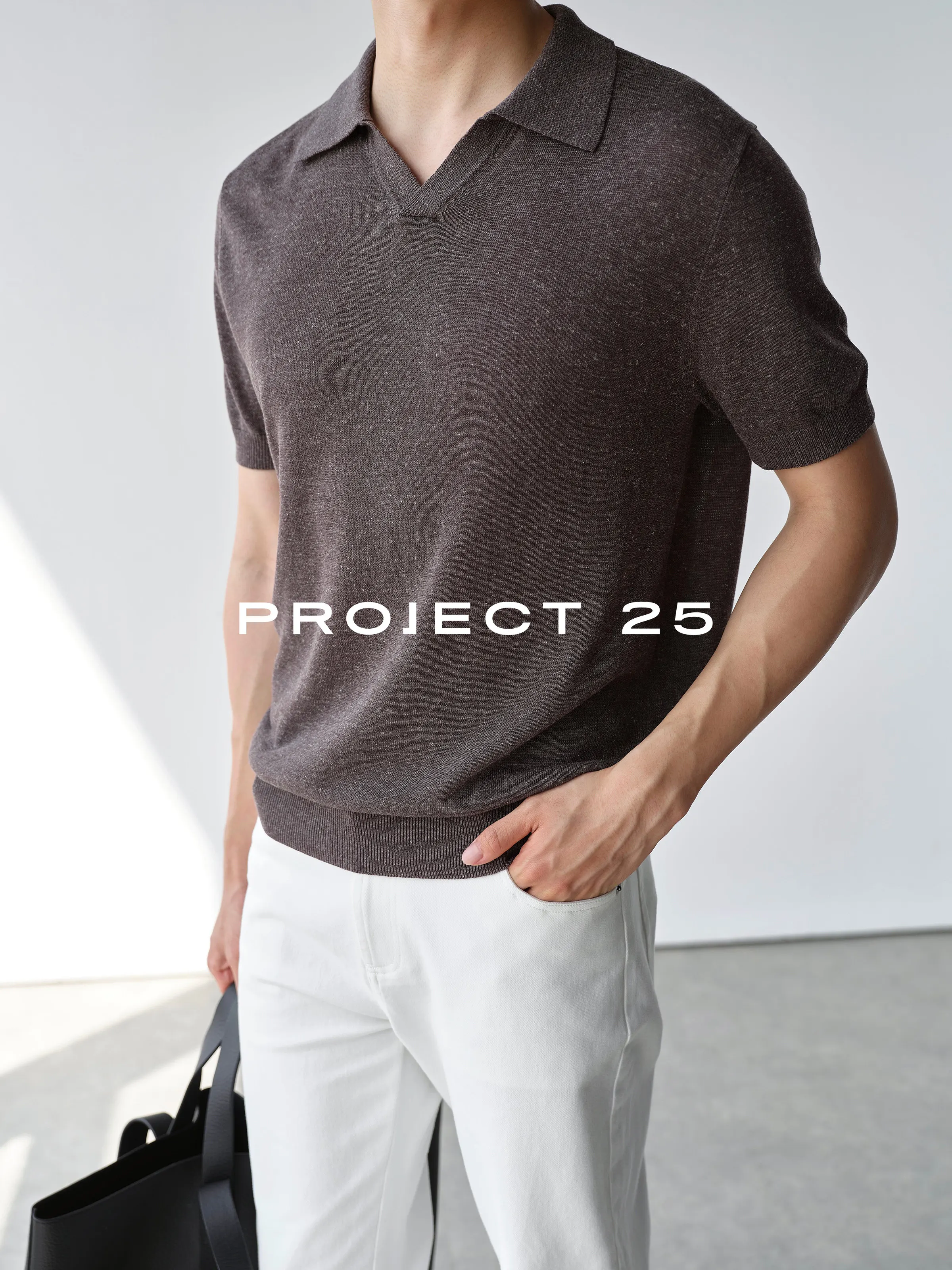 PROJECT 25Men Summer Linen Blend Knitted Polo Shirt Open Collar Lightweight Thin Business Casual