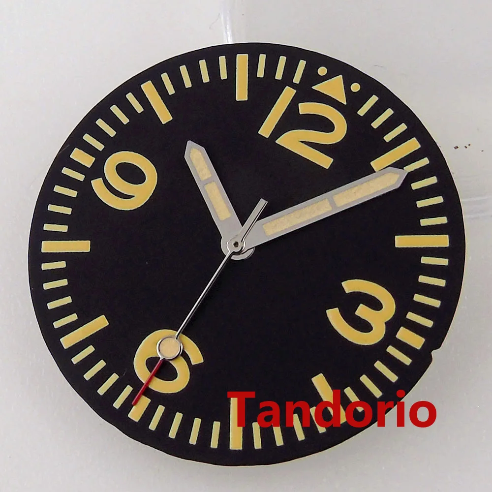 Tandorio 29mm Aviator Pilot Men Watch Dial Face For NH35A NH36A ETA2824 PT5000 Auto Movement Silver Edge Yellow Hands Luminous